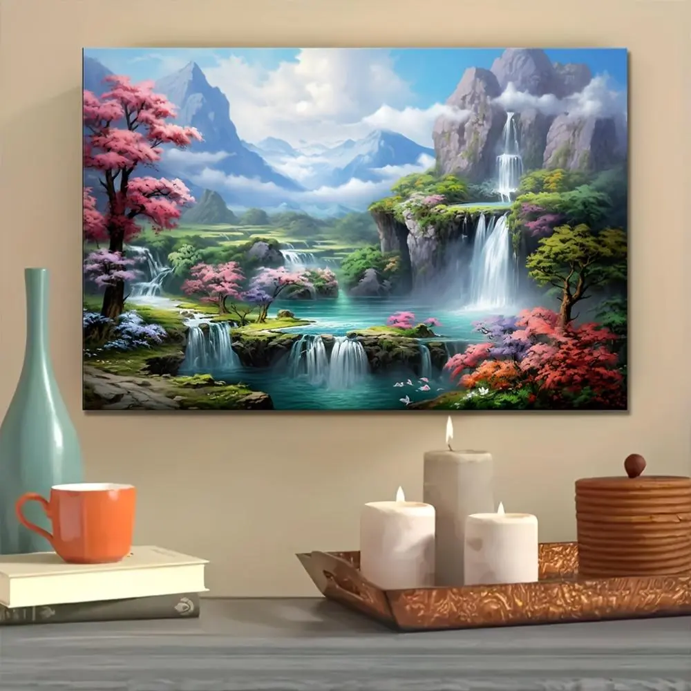 1pc Scenic Waterfall Landscape Canvas Print, Pine Wood Frame, Blooming Flowers and Soaring Cranes Wall Art, Nature Inspired Home Decor	