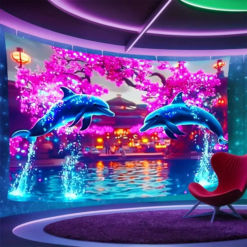 UV Night Glow Black Lamp Tapestry - Synthetic Polyester Fabric Animal Camouflage Wall Art with Fluorescent Dolphin & Glowing Cherry Blossoms, Retro Vintage Decoration for Living Room, Party Backdrop Gift
