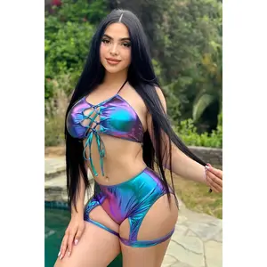 Purple Blue Metallic Holographic Lace-Up Top Garter High Waist 2Pc Swimsuit Set