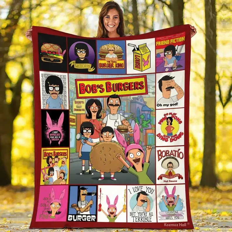 Funny Burger Family Flannel Throw Blanket, Cartoon Food Character Plush Flannel Blanket, Soft Cozy Throw for Sofa Bed Couch, Comedy Home Decor Gift