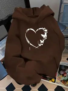 Women's Casual Fashion Heart Butterfly Print Hoodie, Cute Sweatshirt, Loose Fit Pullover Sweatshirt, Fall & Winter Wear, Stylish and Versatile