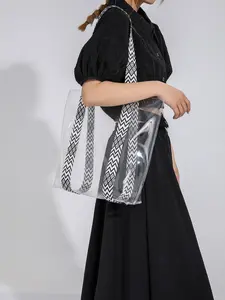 Women's Clear PVC Tote Bag, Large Transparent Shoulder Bag with Geometric Pattern Straps, for Beach, Travel & Daily Use