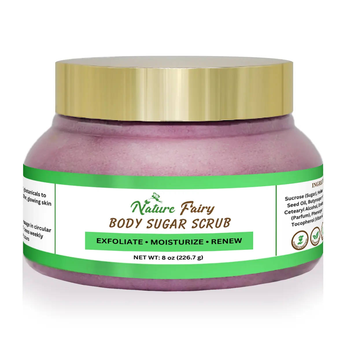 Nature Fairy Body Sugar Scrub - Exfoliate Moisturize Renew with Organic Sugar & Plant Oils Vegan Cruelty-Free 8 oz