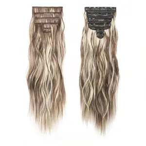 Beauty 6 Pcs 22 Inch Clip in Hair Extensions Wig Pieces for Women Natural Brown Mix Blonde Extensions 13-clip Hair Extension Sheet High-temperature Silk Chemical Fiber Water Wave Sheet Heavy-duty Mesh Hairpieces Hair Extensions Clip for Christmas Gift