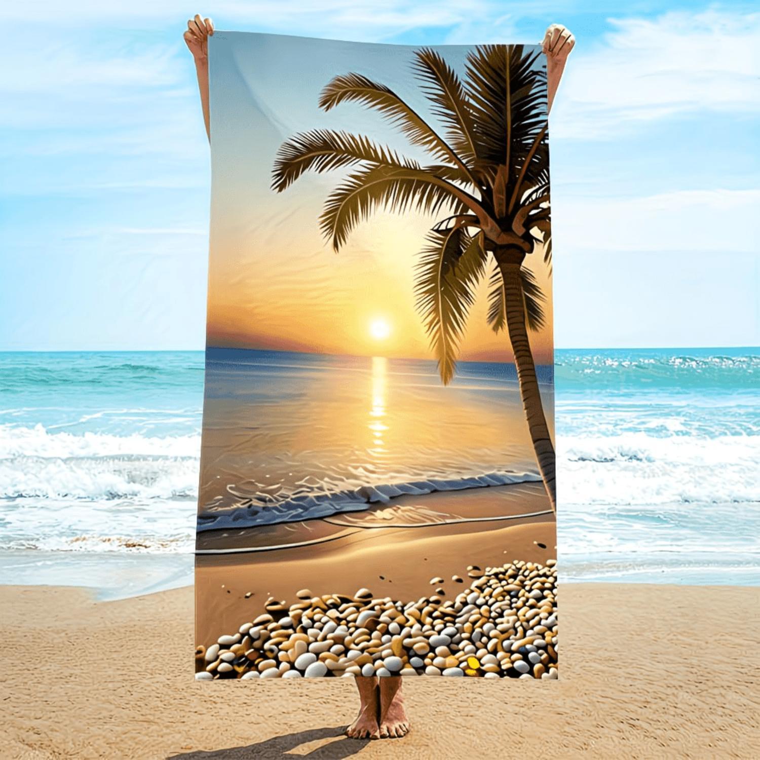1pc Pack, Microfiber, Beach Towel with Seaside Sunset, Coconut Trees, and Beach Pattern, Quick-Dry Microfiber, Strong Wrap Design, Suitable for Beach and Pool Use, Beach