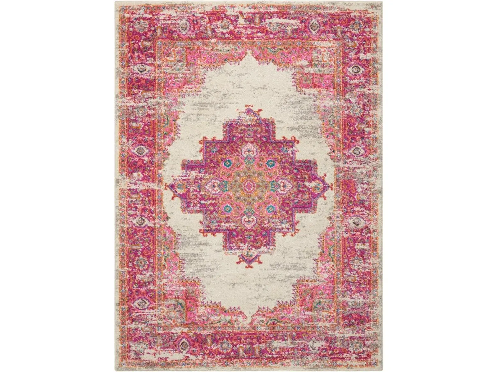 HomeRoots 4x6 ft. Distressed Soft Floral Decorative Area Rug - Ivory & Fuchsia, Floral Pattern Household Textile Home Decor Piece, Decorative Rug, Floral Pattern Rugs