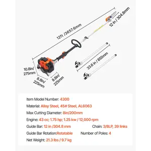 VEVOR Gas Pole Saw, 43CC 2 Stroke Gas Powered Pole Saws with 12 in Cutting Bar, Cordless Tree Trimmer with Rotatable Head, 7.1 to 12 ft Extendable, Powerful Chainsaw for Tree Trimming Pruning