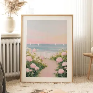 Pink Coastal Beach Wildflower Print | Spring Ocean Landscape Art | Pink Sky Seascape | Boho Wall Decor | Print Art | | Framless Poster I
