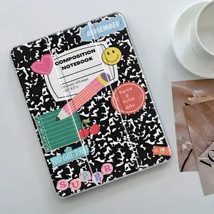 90s Retro School iPad Case with Stand and Pencil Slot,Composition Notebook & Cherry Design  Clear Acrylic Hard Back for iPad 10.2inch 2019/2021, iPad Mini, Pro, Air, Lightweight Scratch-Resistant Design Perfect for School and Home Use