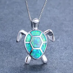 Bohemian Fire Opal Necklace for Women, Silver, Blue, White, and Green, with Large Turtle Pendants