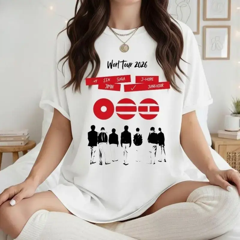 Bangtan 2026 World Tour T-Shirt, Unisex Soft Cotton Streetwear Merch with a Round Neck and Short Sleeves, Classic Fit, Tshirt, Multi-Size, World Tour Print, Lady