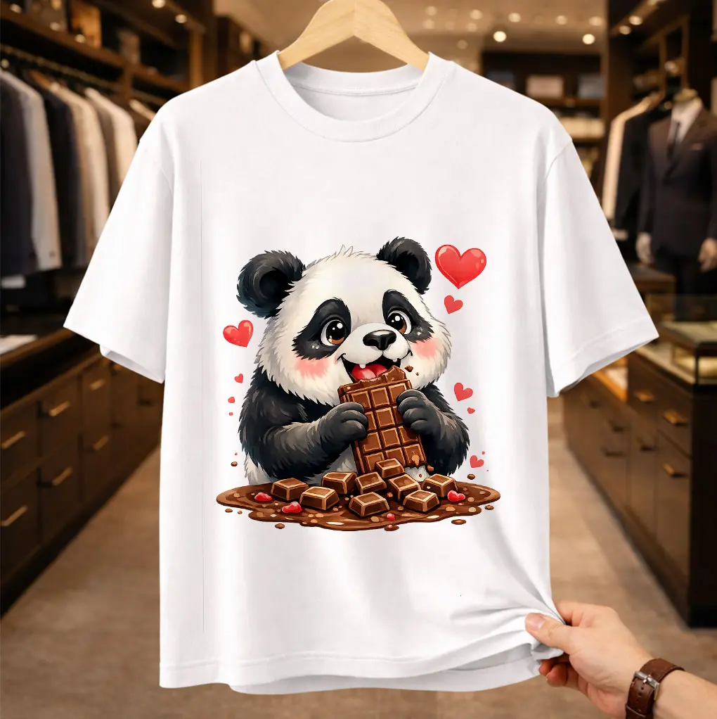 Unisex Adorable Panda Eating Chocolate Graphic T-Shirt - Cute Kawaii Foodie Panda Tee - Fun White Cotton Top for Animal Lovers
