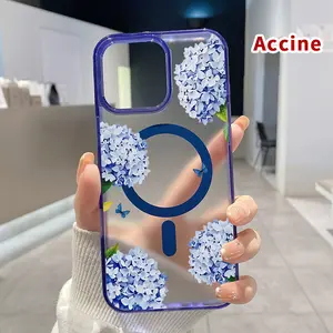 Magnetic Phone Case for iPhone 15 16 14 Pro Max 13 12 11 XR XS Plus E Hydrangea Butterfly Dream Pattern Shockproof Soft Silicone Transparent Protective Cover Supports Wireless Charging