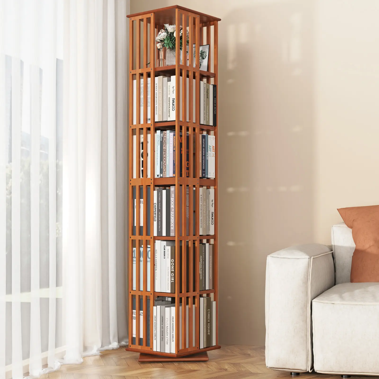 Rotating Bamboo Bookshelf | 6 Tier Revolving Bookcase | 360 Spinning Space Saving Book Shelf Tower | 74.8"H Swivel Book Shelves for Display |Corner-Friendly Office Small Space (15.75"W×15.75"D×74.8"H)