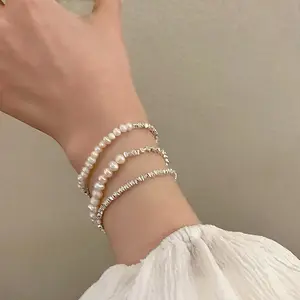 Silver Chip Baroque Pearl Bracelet for Women | Trendy Stackable Beaded Hand Accessory | Light Luxury Unique Delicate Daily Wear Hypoallergenic Plated Matching