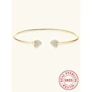 S925 Sterling Silver Heart Shaped Moissanite Decor Cuff Bangle, Fashion Jewelry for Party, Daily Clothing Decor, Trendy All-match & Exquisite Jewelry for Birthday Gift