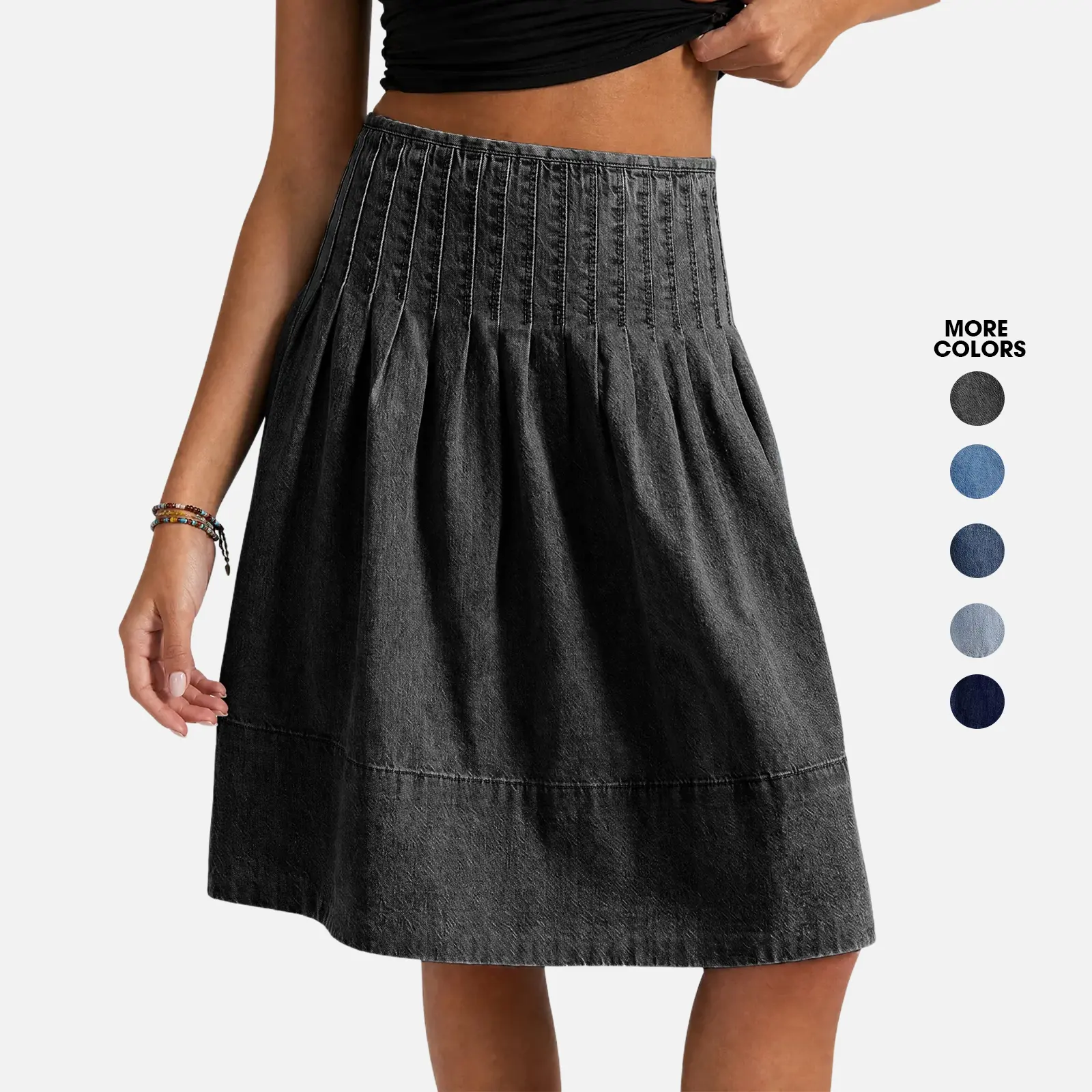 Flowyair Women's Denim Bottom Skirt - Casual, Minimalist, Pleated High-Waisted A-Line Knee-Length Midi Jean Skirt for Ladies with Breathable Fabric