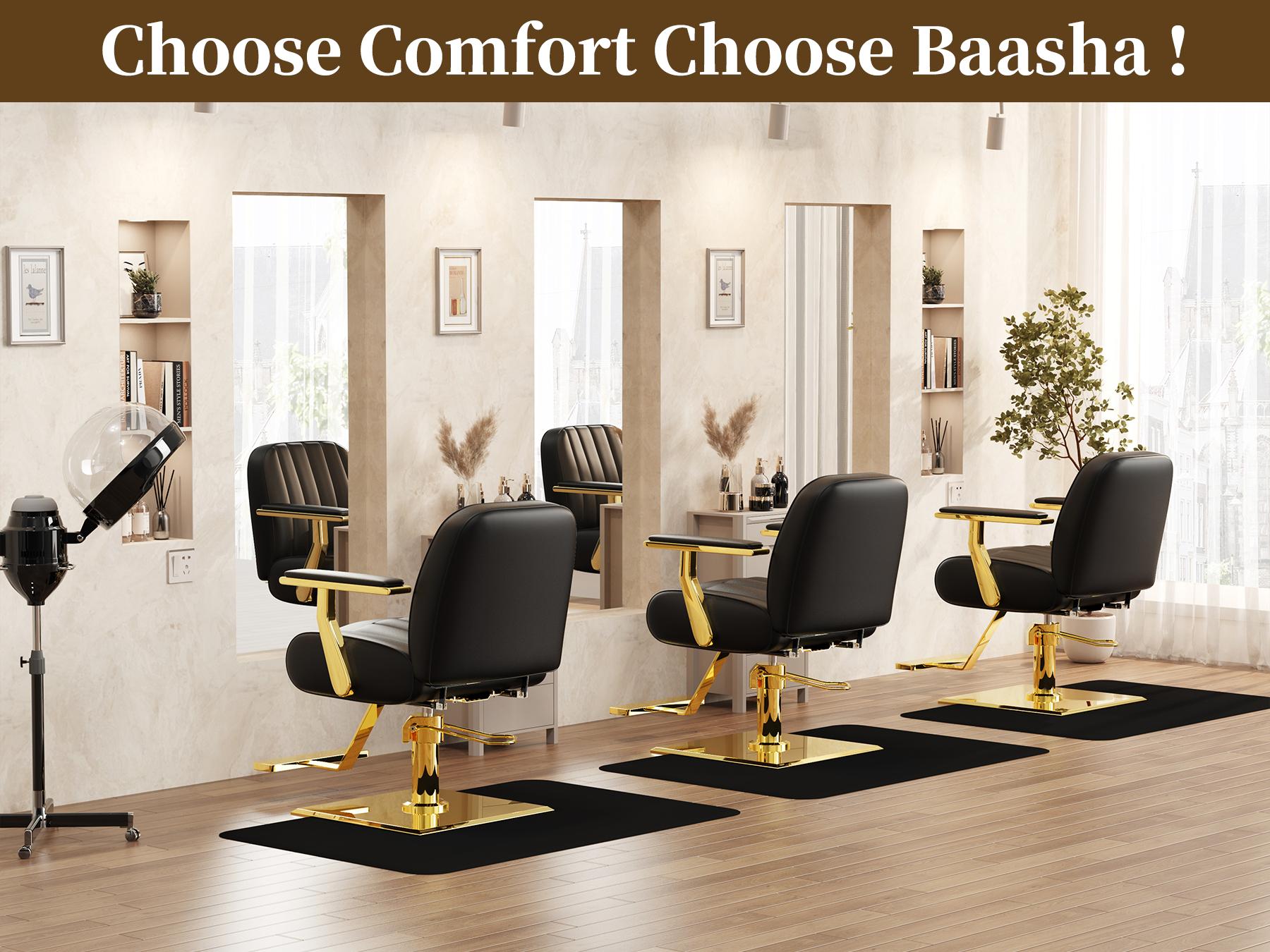 Baasha Luxury Black & Gold Salon Chair | Thick Memory Foam Cushion | 330lbs Heavy Duty | 360° Swivel & Adjustable Height | Ergonomic Fit for Stylist 5’0”-5’8” | Premium PU Leather Professional Hair Styling Chair