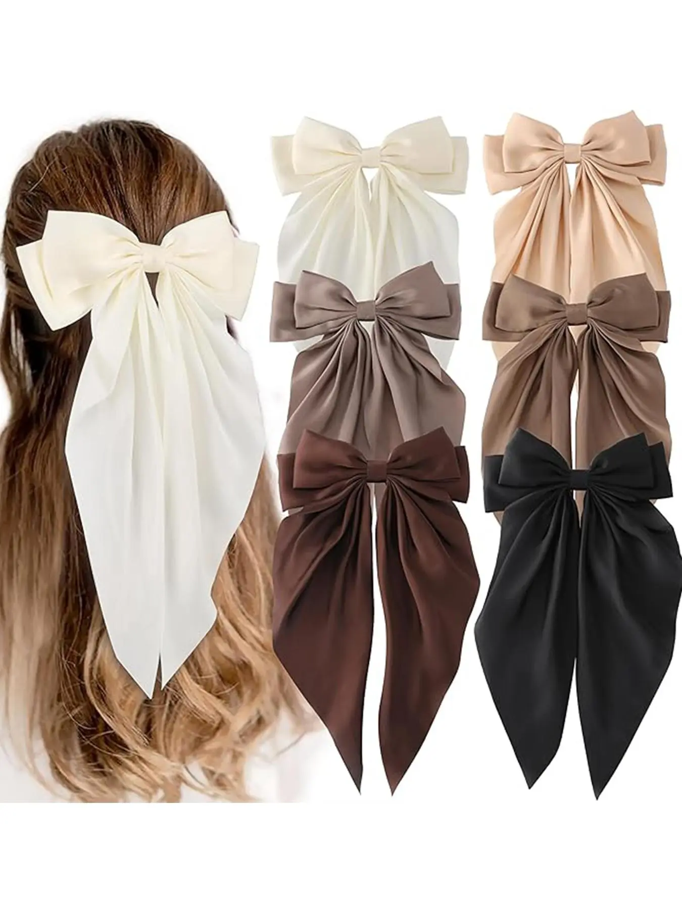 6pcs Oversized Bows for Women & Girls, Long Tail Satin Ribbons, Hair Ties, Thick & Thin Fashion Hair Accessories, Stylish Hair Decorations, Hair Clips, Hair Clip Set, Hair Style Accessory