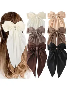 6pcs Oversized Bows for Women & Girls, Long Tail Satin Ribbons, Hair Ties, Thick & Thin Hair Accessories, Stylish Hair Decorations, Hair Clips