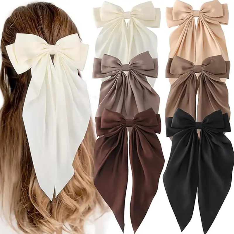 6pcs Oversized Bows for Women & Girls, Long Tail Satin Ribbons, Hair Ties, Thick & Thin Fashion Hair Accessories, Stylish Hair Decorations, Hair Clips, Hair Clip Set, Hair Style Accessory