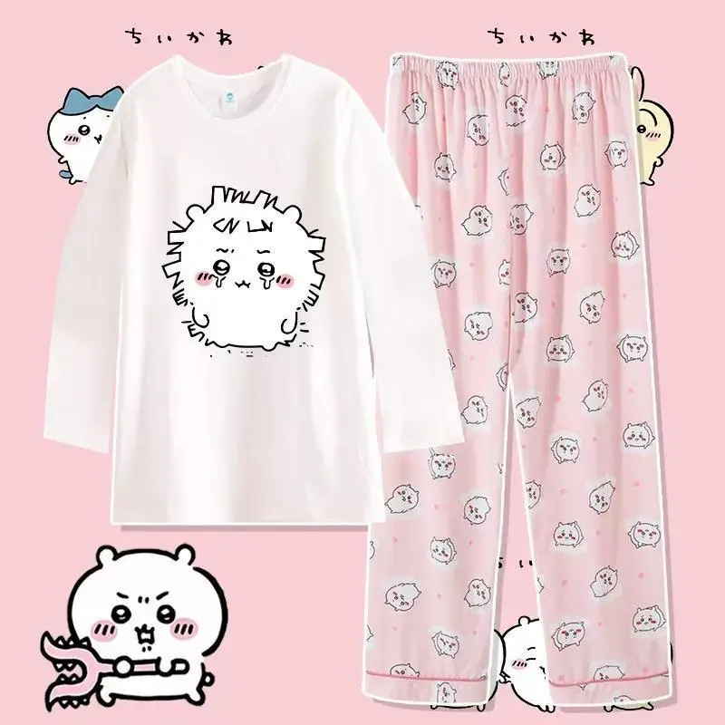 Anime Usag Hachiware 2-Piece Pajama Set - Long Sleeve, Loose Round Neck Shirt & Pants, Cute Cartoon Pattern, Thin Cotton Casual Loose-Fitting Nightwear Loungewear for Summer Household Use