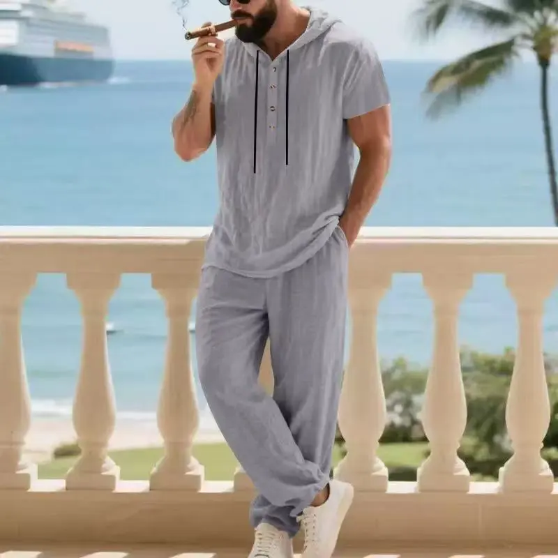 Men's 2-Piece Sporty Chic Clothing Set - Hoodie/Jumper with Drawstring, Mock Neck, Short-Sleeve, Loose Fit & Elastic Waist Cinching Long Pants, Soft Breathable Solid-Color for Vacation, Home Wear
