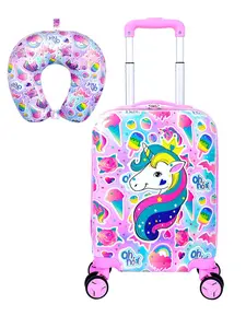 2Pcs Kids Hard Shell Luggage Set with Neck Pillow, Cute Unicorn Print Rolling Suitcase, Lightweight Spinner Wheel Carry On Luggage for Girls Travel Vacation