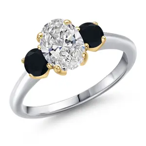 Gem Stone King 1.44cttw 10K White Gold IGI Certified Lab Grown Diamond and Black Onyx 3-Stone Engagement Ring For Women | Center 1.00 Ct Diamond | D-E Color | VS1-VS2 Clarity