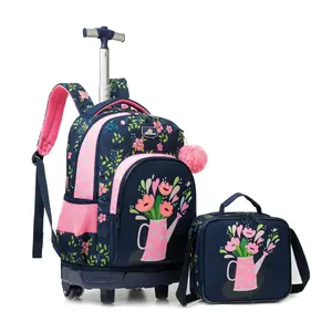 Cute Watering Can Floral Rolling Backpack Set for Girls | Insulated Lunch Bag + Pencil Case | Back to School Garden Essentials