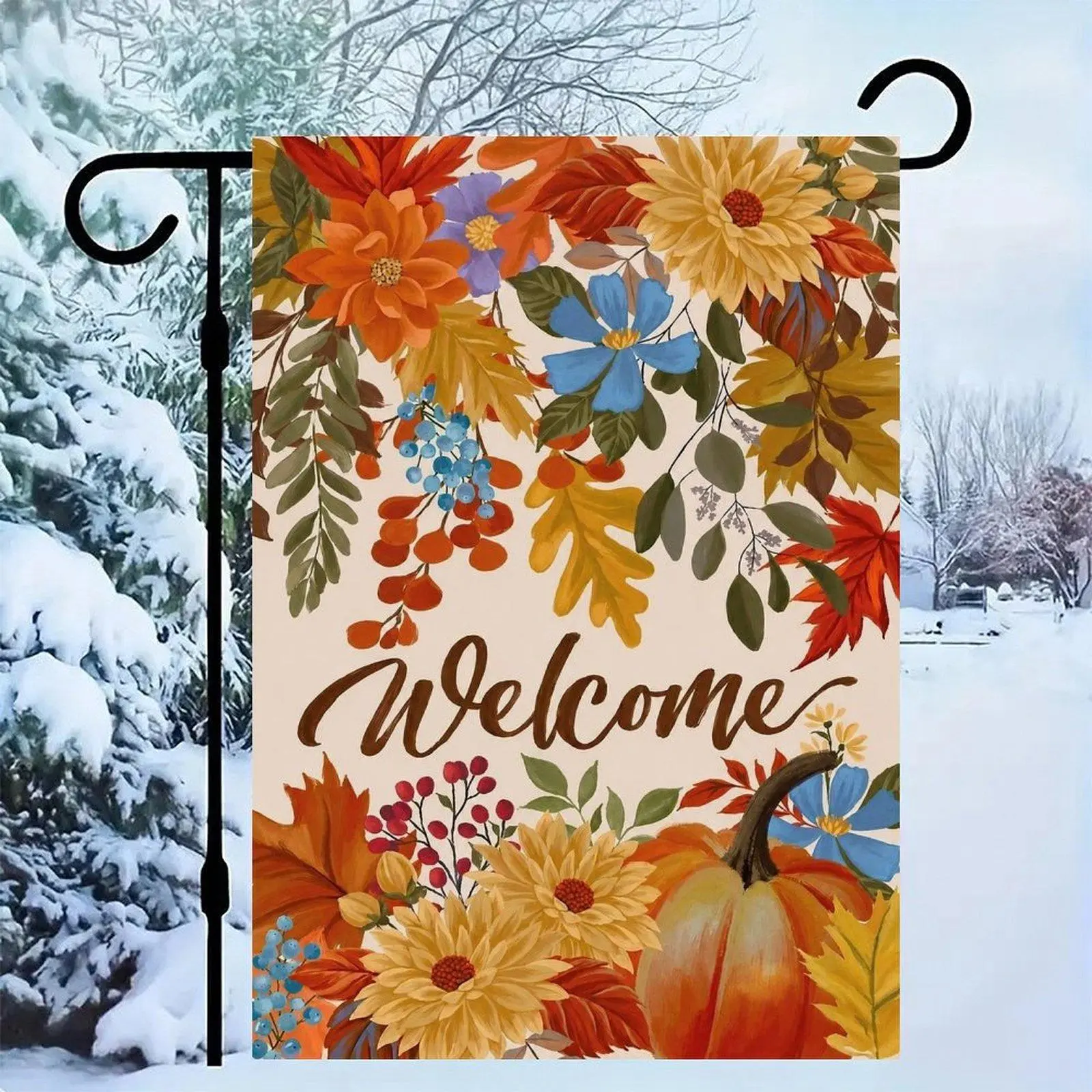 12*18in Autumn Pumpkin Maple Leaf Welcome Fall Floral Garden Flag Double Sided Harvest Season Yard Sign Front Porch Lawn Decoration