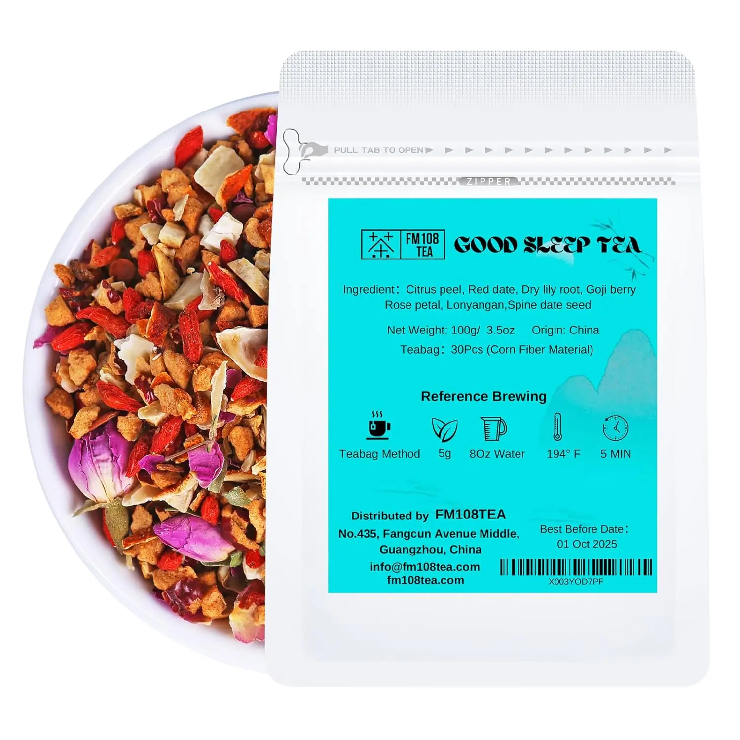 FM108TEA Featured Good Sleep Tea,Natural Benefits Stress Relieving & Relaxing,Resealable Bag 3.5 Ounce Beverage Caffeine-Free Passion loose leaf herbal tea tea
