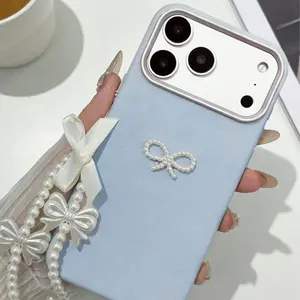 New iPhone 17 Pro Max Case, Light Blue Leather Texture, Silver Color Camera Protection, Pearl Bow Decoration, Sweet Luxury Girl Style