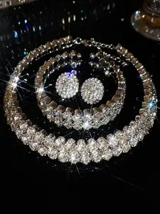 Shiny Silver Color Gold Crystal Necklace Earrings Bracelet Set for Women, Wedding Party Daily Wear, Elegant Style, All Seasons