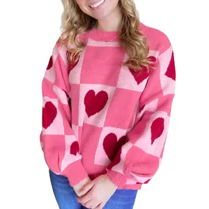 Znacicc Pink Checkered Heart Sweater, Women's Cozy Knit Pullover for Winter & Spring