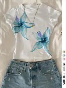 Women's Watercolor Blue Flower Print Crop Top, Slim Fit Short Sleeve Graphic Tee, Y2K Aesthetic Floral Fitted Top, Perfect for Vacation, Daily Wear, Street Style #springsaledeals2026 #summeroutfits #tiktokshopmademebuyit #womensfashion