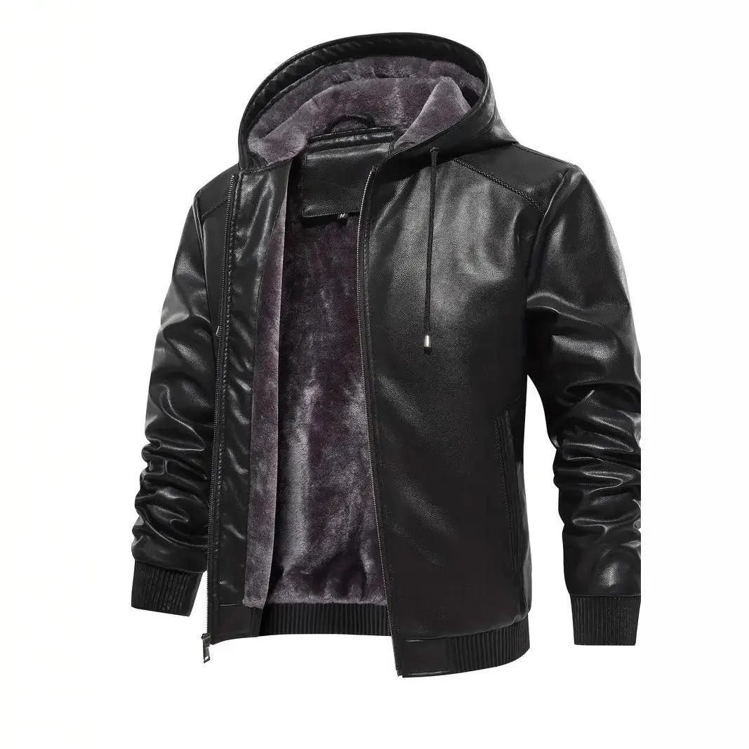 Men's Casual Hooded Leather Coat - Black Classic Jacket with Long Sleeve, Beige Plain Design