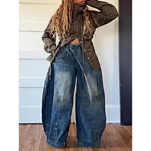 Women’s retro high-waisted wide-leg jeans — cross-asymmetric button front, elastic comfortable denim with functional pockets, machine washable and durable, suitable for work, office, and street wear; can be paired with a raincoat (gift).