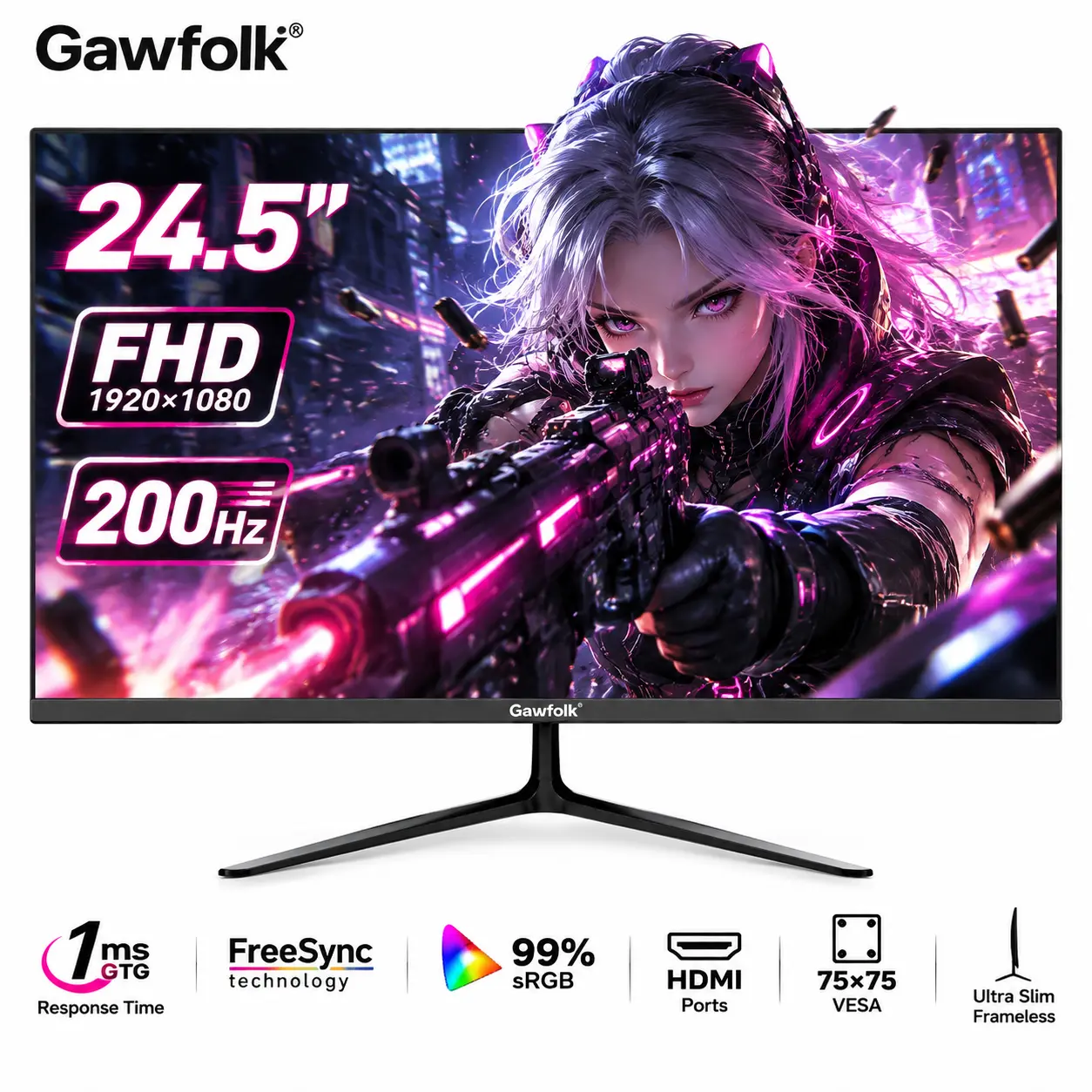 24.5 Inch 200Hz FHD Ultra Slim Frameless Gaming Monitor, 1080p, 1ms Response Time, FreeSync, 99% sRGB, HDMI Ports, 75x75 VESA Wall Mountable - Black