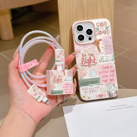 6-Piece Set Bible Element Protective Phone Case Cover + Charging Head Protector + Data Cable Protection + Storage Rope for Smartphone iPhone 15/16 Series Accessories TPU Smartphone Casing Protective Cellphone Casing