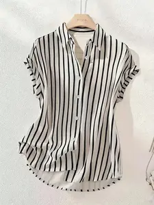 Summer Fashion Striped Single Button Drop Shoulder Short Sleeve Shirt, Front Short Back Long, Polyester Colorblock Front Closure Top, Summer Style