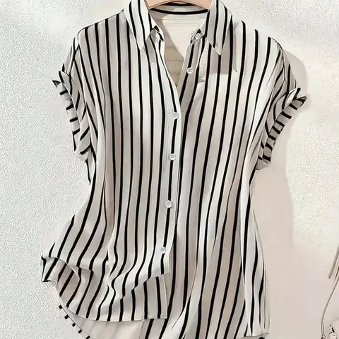 【Black Friday】Women's Summer Striped Single-Breasted Drop Shoulder Short Sleeve Shirt, Loose High-Low Hem Polyester Button-Front Shirt