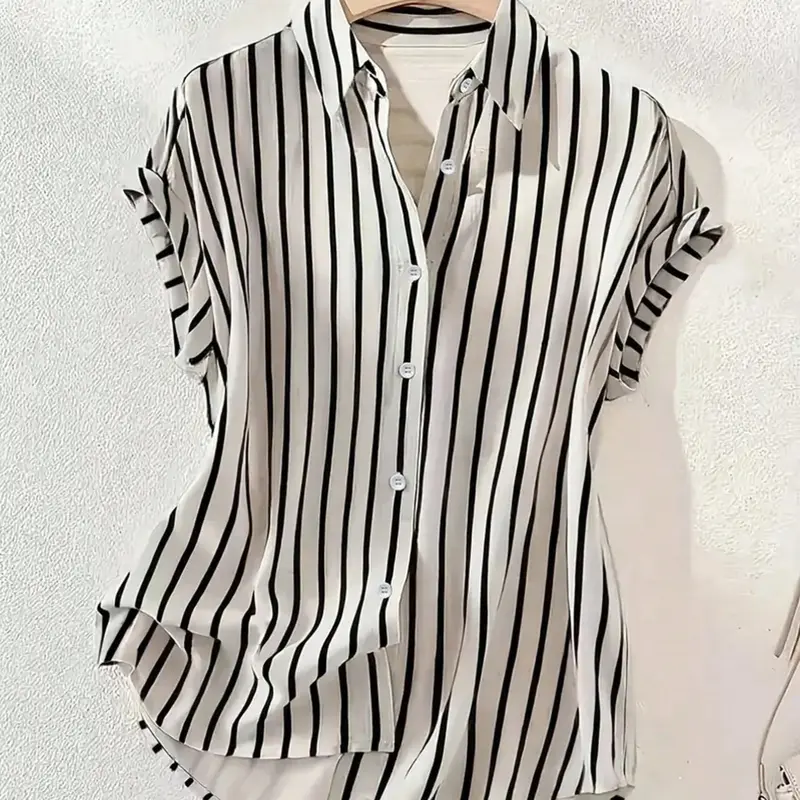 【Black Friday】Women's Summer Striped Single-Breasted Drop Shoulder Short Sleeve Shirt, Loose High-Low Hem Polyester Button-Front Shirt