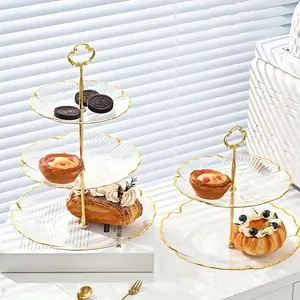 Elegant 2/ 3 Tier Clear Cupcake Stand With Golden Trim - Perfect For Desserts, Fruits And Snacks, Perfect For Afternoon Tea, Christmas, Halloween, Thanksgiving, Weddings, Birthdays And Parties, Elegant Event Accessory, Golden Trim Design, Exquisite Design