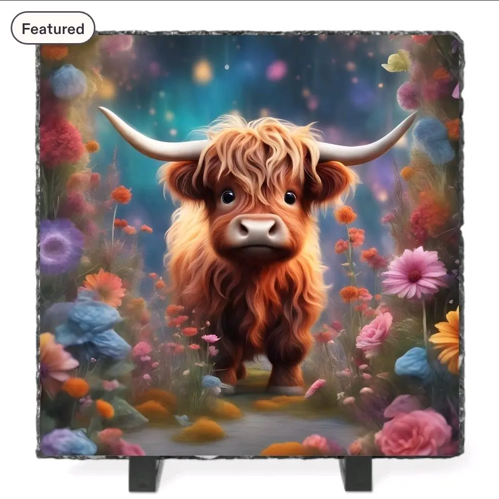 Highland Cow Photo Slate - Decorative Stone Plaque for Home Shelf, Desk Display