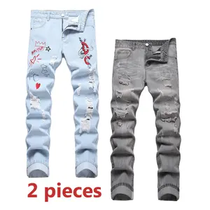 2 Pieces Men's Slim Fit Jeans, Blue & Grey, Casual Fashion Comfort Straight Leg Denim Pants, Ripped Trouser