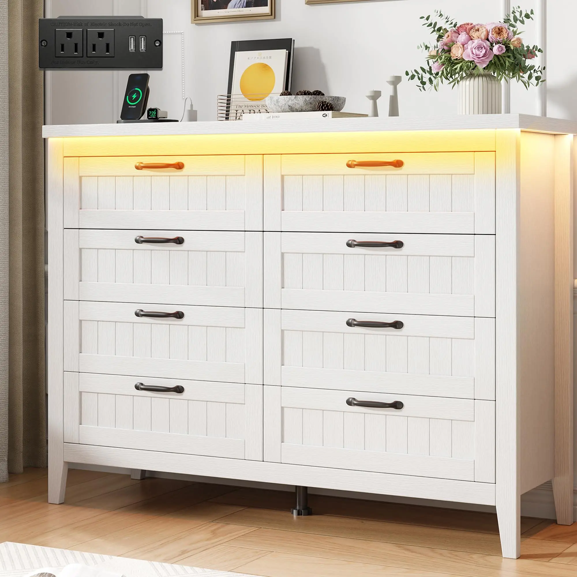 Farmhouse 8 Drawer Dresser with Charging Station and LED Lights, Slim Wooden Clothes Storage for Closet Dorm Apartments, White