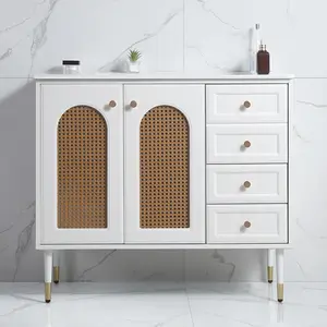36" Bathroom Vanity with Ceramic Basin, Rattan Bathroom Storage Cabinet with Two Doors and Drawer