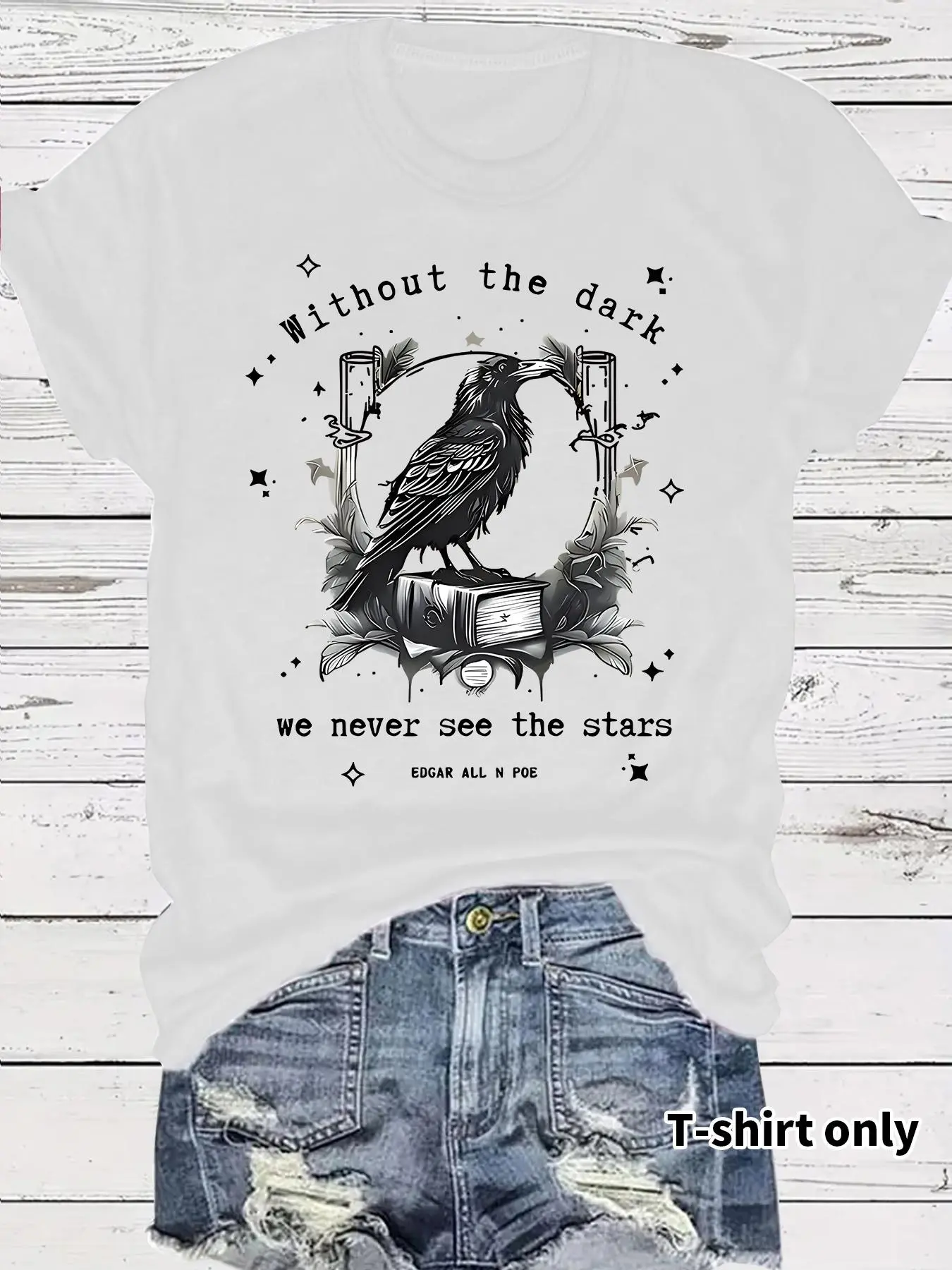 Women's Raven & Book Print Round Neck Graphic Tee, Vintage Trendy Casual Star Print Short Sleeve T-shirt for Daily Wear, Ladies Summer Outfit, Top
