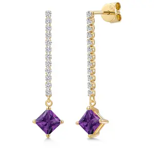 Gem Stone King 14K Yellow Gold Gemstone Birthstone and White Lab Grown Diamond Long Liner Dangle Earrings for Women | Princess 5MM | Yellow Gold Chain Drop Earrings